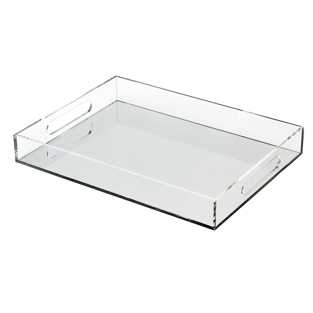 Clear Acrylic Serving Tray, 12x16 inches, Spill-Proof, Stackable Organizer, Food & Drinks Server, Indoors/Outdoors, Lucite Storage (Mirror)