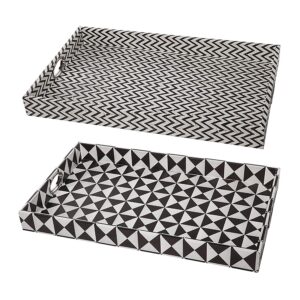 a&b home rectangular serving tray,hanley geometric wood trays with handles,decorative trays with vibrant black and white art decor patterns in 2 asst,25x15 inch
