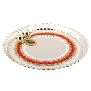handicraft storeroom pooja thali tilak decorative platter set (golden-round)