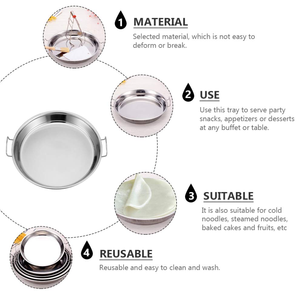 DOITOOL 2Pcs Stainless Steel Steaming Dish Cold Noodle Plate Steamed Rice Tray Round Steaming Tray With Double Handle for Home Kitchen Food Serving