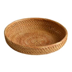 rattan round serving tray, hand-woven wicker circular tray tabletop decor, used to decorate storage bread, fruit, vegetables, breakfast snacks, small