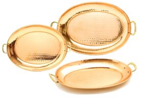 old dutch hammered copper oval trays with cast brass handles, 17" x 13"/15" x 11"/131/4" x 83/4", set of 3