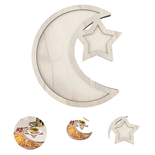 WAEPE Ramadan Tray - Ramadan Wood Tray Eid Mubarak Food Tray Islam Wooden Moon Star Dessert Tray for Christmas Halloween Snack Tray Gift