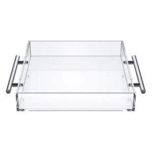 KINSONG Clear Acrylic Serving Tray 12X12 Inch Silver Handle Breakfast Decorative Trays for Ottoman Coffee Table