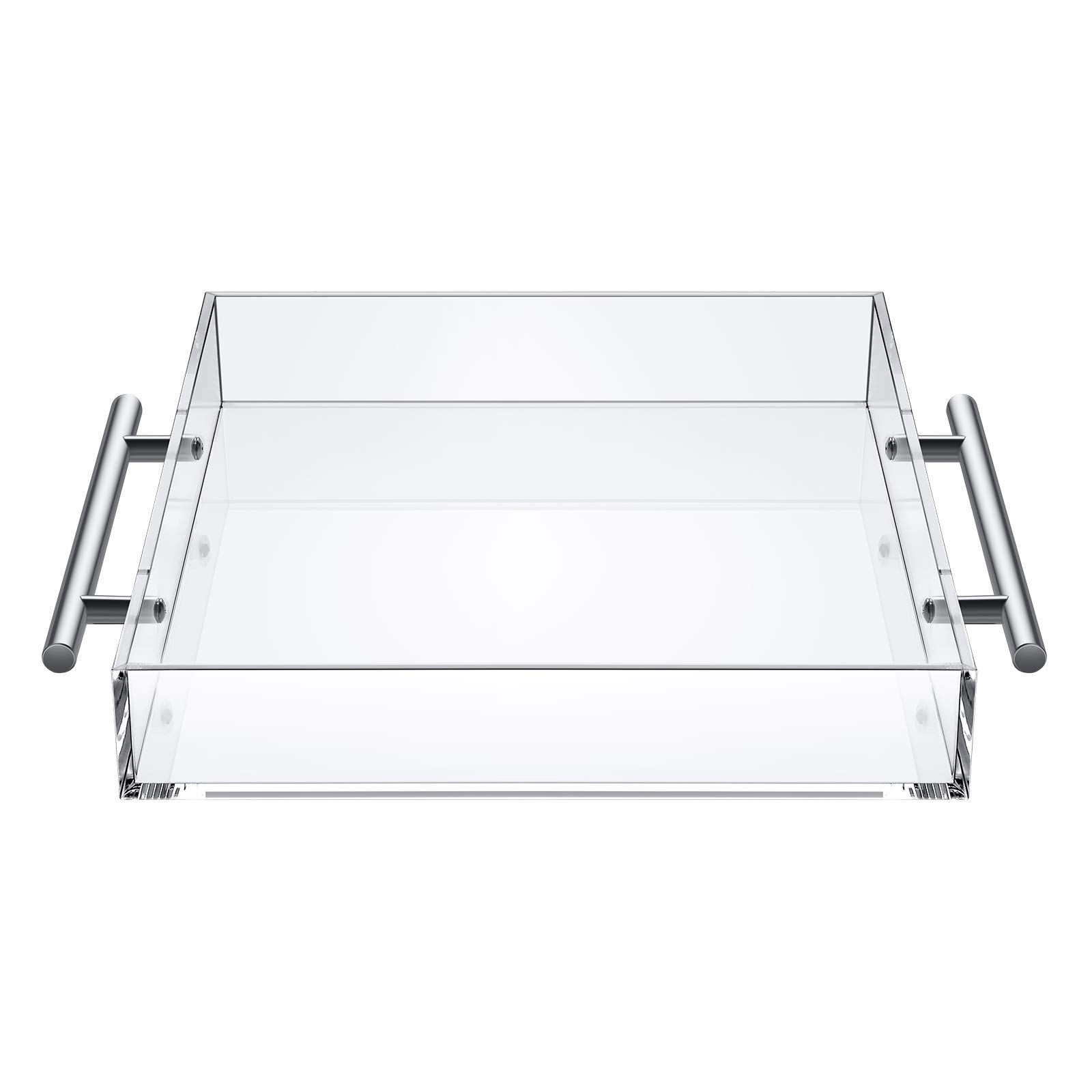 KINSONG Clear Acrylic Serving Tray 12X12 Inch Silver Handle Breakfast Decorative Trays for Ottoman Coffee Table