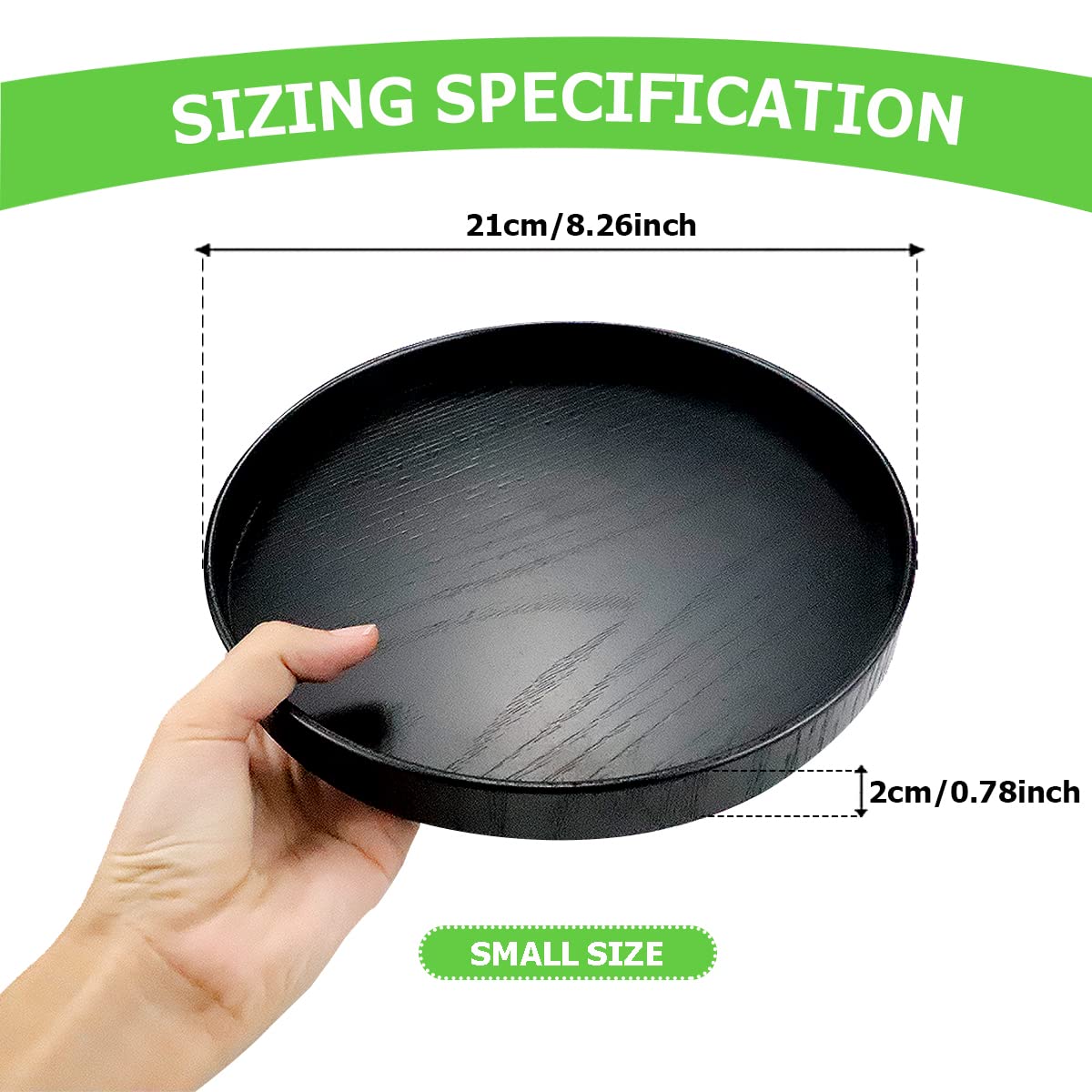 DOERDO Round Solid Wood Serving Tray, Large Tea Coffee Snack Food Meals Serving Plate for Home Office, 8.3inch/21cm, Black