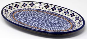 polish pottery oval serving platter from zaklady ceramiczne boleslawiec mosaic flower pattern, dimensions: 14 inch x 9 inch