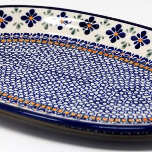 Polish Pottery Oval Serving Platter From Zaklady Ceramiczne Boleslawiec Mosaic Flower Pattern, Dimensions: 14 Inch X 9 Inch