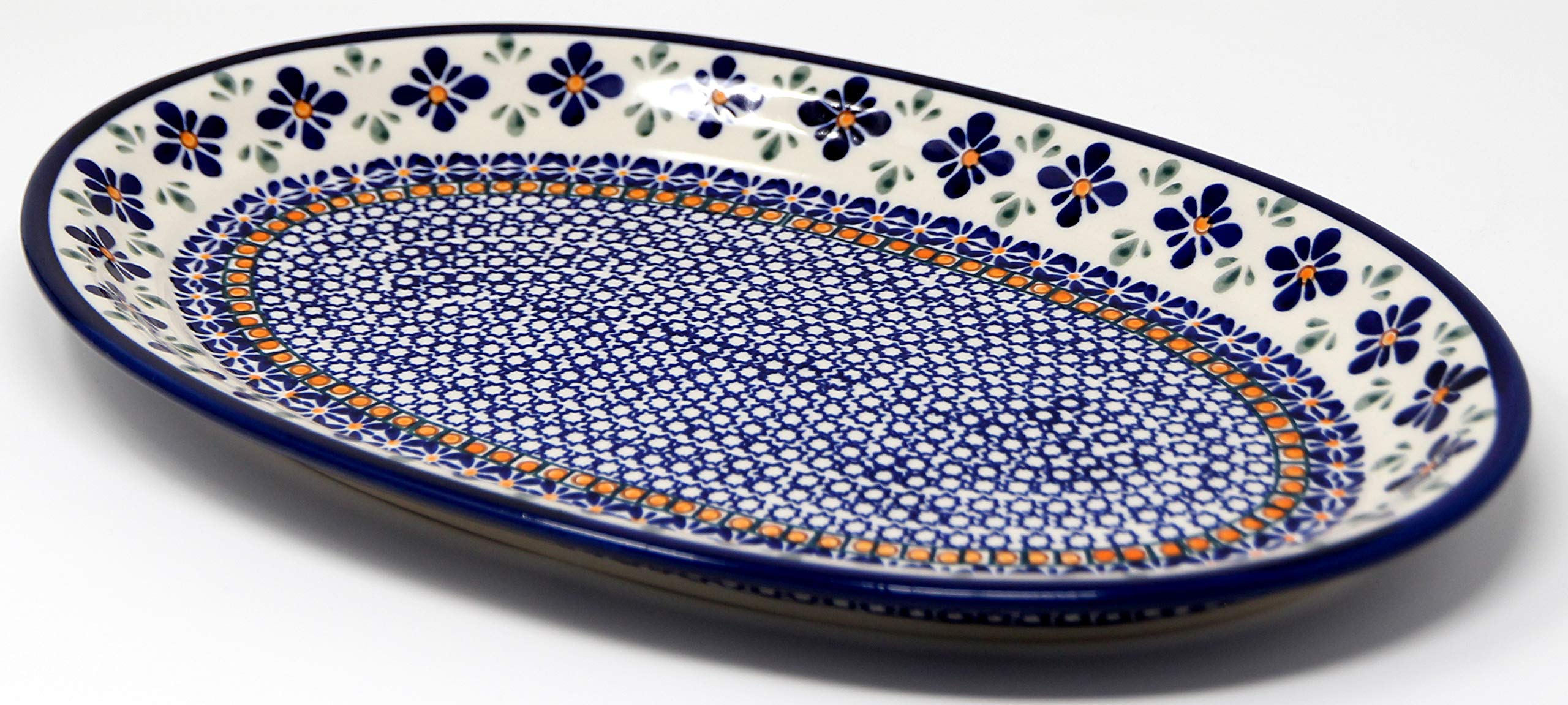 Polish Pottery Oval Serving Platter From Zaklady Ceramiczne Boleslawiec Mosaic Flower Pattern, Dimensions: 14 Inch X 9 Inch