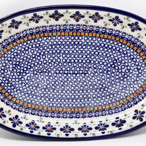 Polish Pottery Oval Serving Platter From Zaklady Ceramiczne Boleslawiec Mosaic Flower Pattern, Dimensions: 14 Inch X 9 Inch