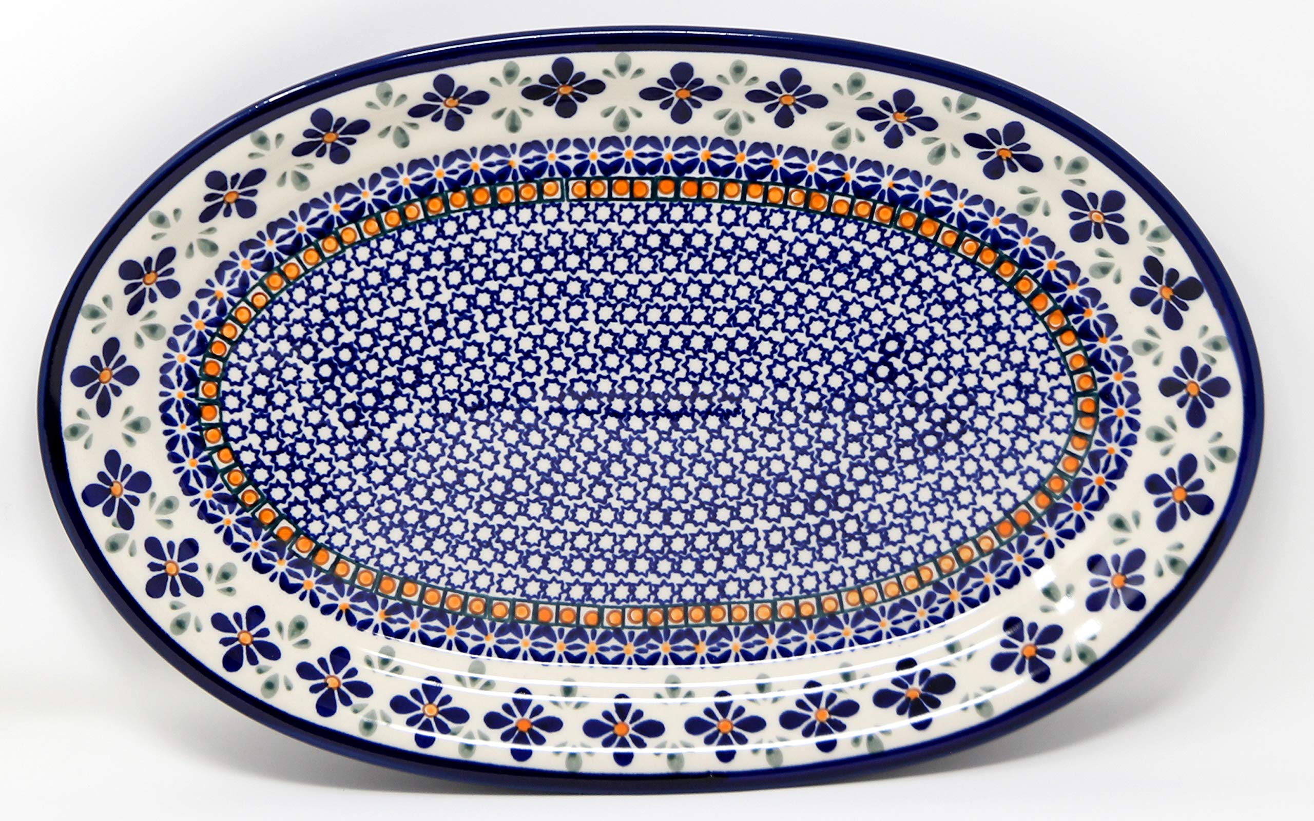 Polish Pottery Oval Serving Platter From Zaklady Ceramiczne Boleslawiec Mosaic Flower Pattern, Dimensions: 14 Inch X 9 Inch