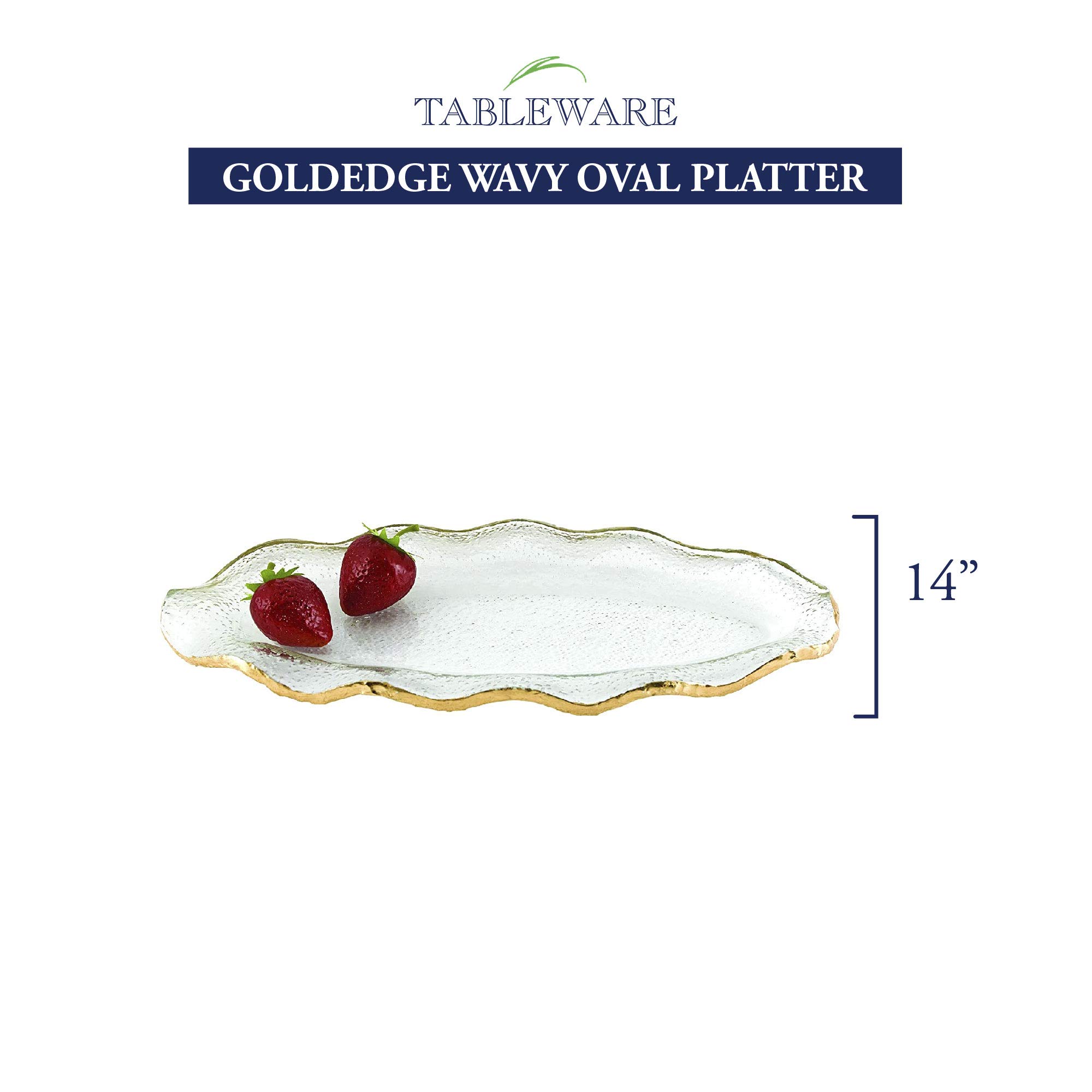 Badash Goldedge Glass Serving Tray - 14" x 7" Hand-Decorated Gold Leaf Edge Oval Tray or Platter - Food-Safe, Great for Entertaining & More