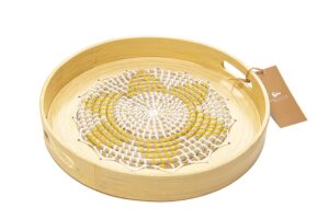 round seagrass woven tray with handles, bamboo and seagrass tray, handmade decorative tray for table counter piece, coffee table and breakfast tray, wicker fruit basket, , hanging wall basket(14 inch)