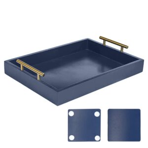 simoei serving tray, deluxe tray for coffee table with polished gold metal handles and 2 coasters, living room bathroom organizer modern decorative tray, for storage or display (blue)