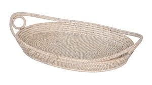 kouboo la jolla oval rattan tray with looped handles, white-wash, large