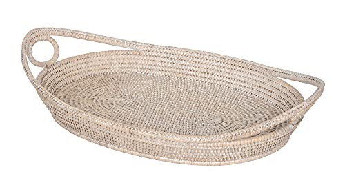 KOUBOO La Jolla Oval Rattan Tray with Looped Handles, White-Wash, Large