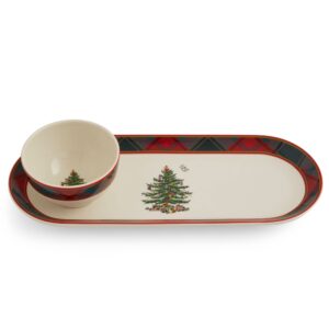 spode christmas tree collection| tartan 2 piece chip and dip| measures 13-inches| made of fine earthenware| for sauces and appetizers| dishwasher, microwave, and freezer safe