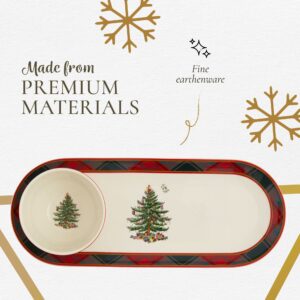 Spode Christmas Tree Collection| Tartan 2 Piece Chip and Dip| Measures 13-Inches| Made of Fine Earthenware| For Sauces and Appetizers| Dishwasher, Microwave, and Freezer Safe