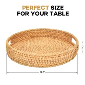 Rattanhut Hand Woven Round Rattan Tray with Paper Doily - 11.8 x 2 inch Round Basket Tray with Handles for Serving Food, Drink, Dessert, Breakfast in Bed, Decor - Decorative Coffee Server