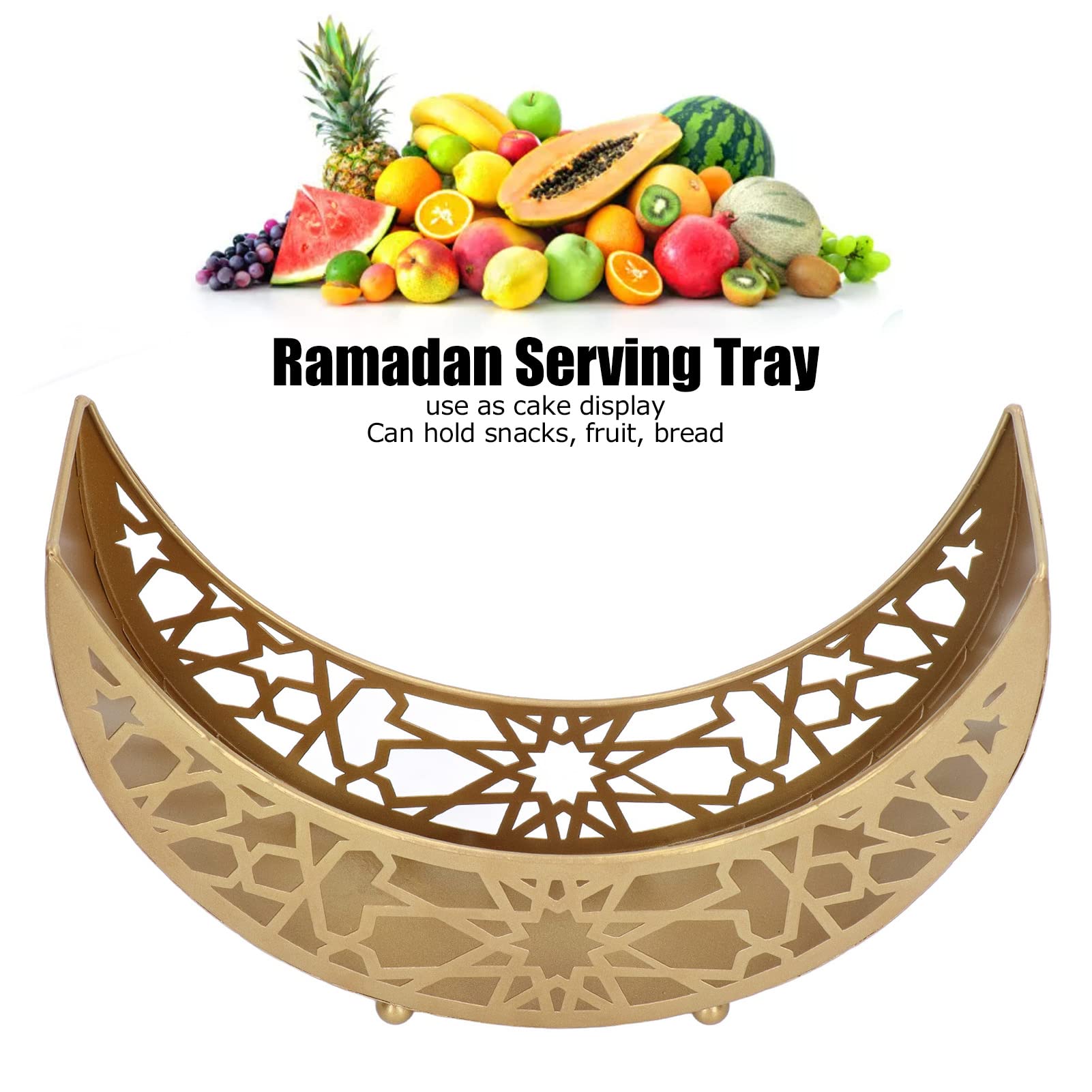 Moon Shape Ramadan Tray, Large Capacity 11.8x8.3x3.1in Decorative Iron Serving Tray, EID Tray Can be Used as Cake Display Stand for Snacks, Fruit, Bread