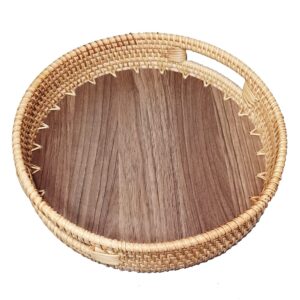 round rattan woven serving tray with handles and wooden base, 10.5”wicker decorative basket with 2”wall for fruit serving, vanity organizer, coffee table tray, kitchen storage display, exxacttorch