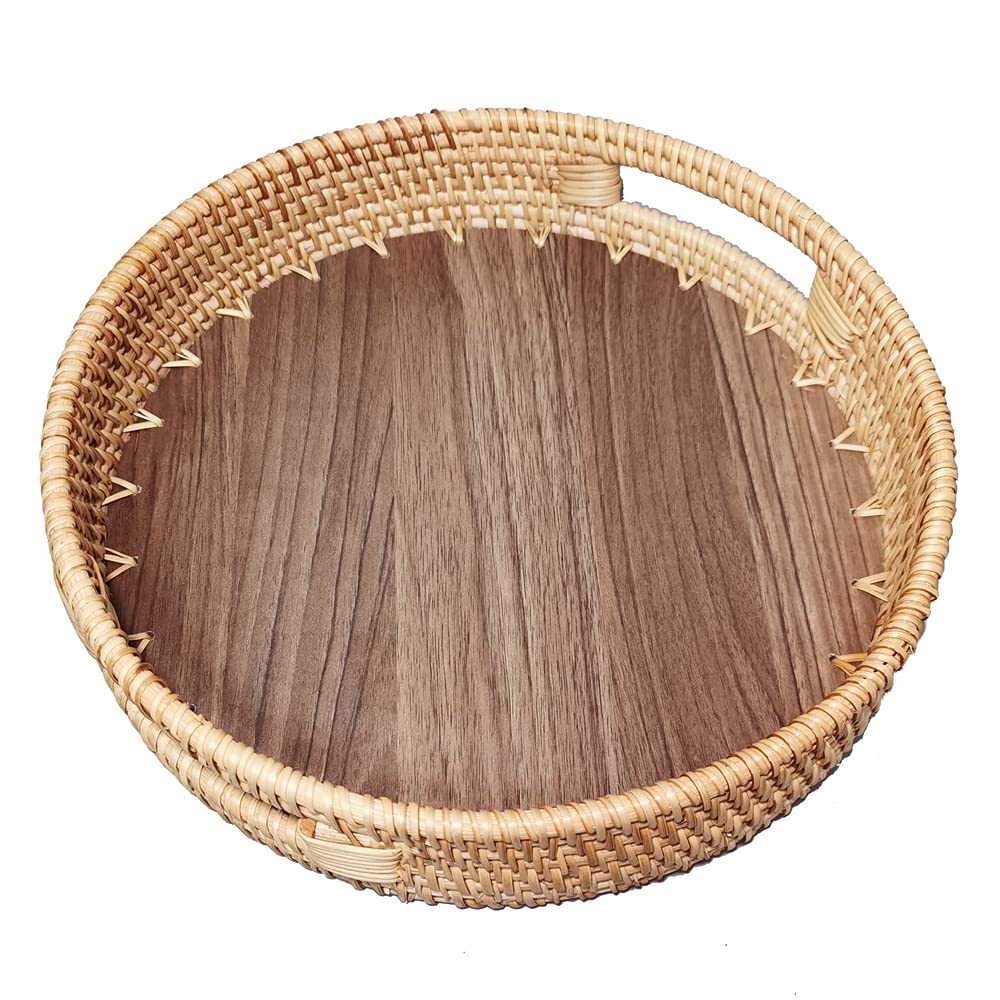 Round Rattan Woven Serving Tray with Handles and Wooden Base, 10.5”Wicker Decorative Basket with 2”Wall for Fruit Serving, Vanity Organizer, Coffee Table Tray, Kitchen Storage Display, Exxacttorch