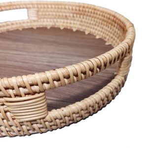 Round Rattan Woven Serving Tray with Handles and Wooden Base, 10.5”Wicker Decorative Basket with 2”Wall for Fruit Serving, Vanity Organizer, Coffee Table Tray, Kitchen Storage Display, Exxacttorch