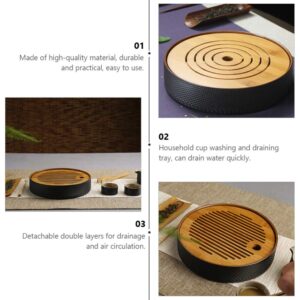 DOITOOL 2 Tier Tray 1pc Round Tea Tray Utensil Tray Chinese Gongfu Tea Tray Tea Tray with Drainage Water Storage Tea Tray Wood Drain Coffee Table Tray Wooden Porcelain China