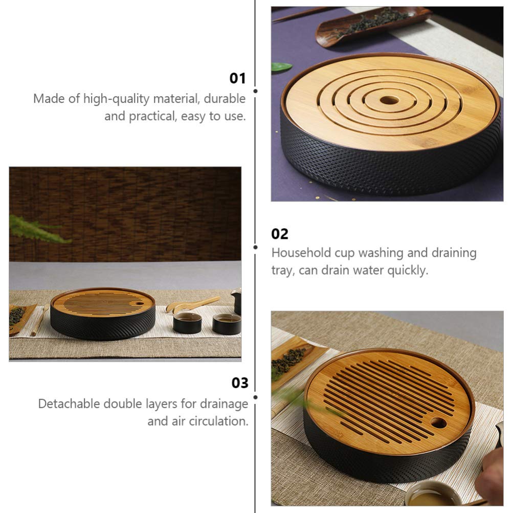 DOITOOL 2 Tier Tray 1pc Round Tea Tray Utensil Tray Chinese Gongfu Tea Tray Tea Tray with Drainage Water Storage Tea Tray Wood Drain Coffee Table Tray Wooden Porcelain China