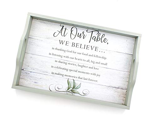 at Our Table We Believe Prayer Serving Tray with Slatted Wood Look 18"x 12" Rustic Farmhouse Modern Sage Green Leaves Decorative Large Platter