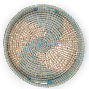 ann lee design round serving seagrass trays (teal blue vortex, seagrass)
