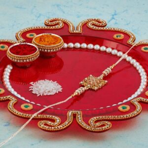 OAFISH Handicraft Storeroom Handmade Pooja Thali/Tilak Decorative Platter Set for Laxmi/Ganesh Pooja (Red Pooja thali), (019)