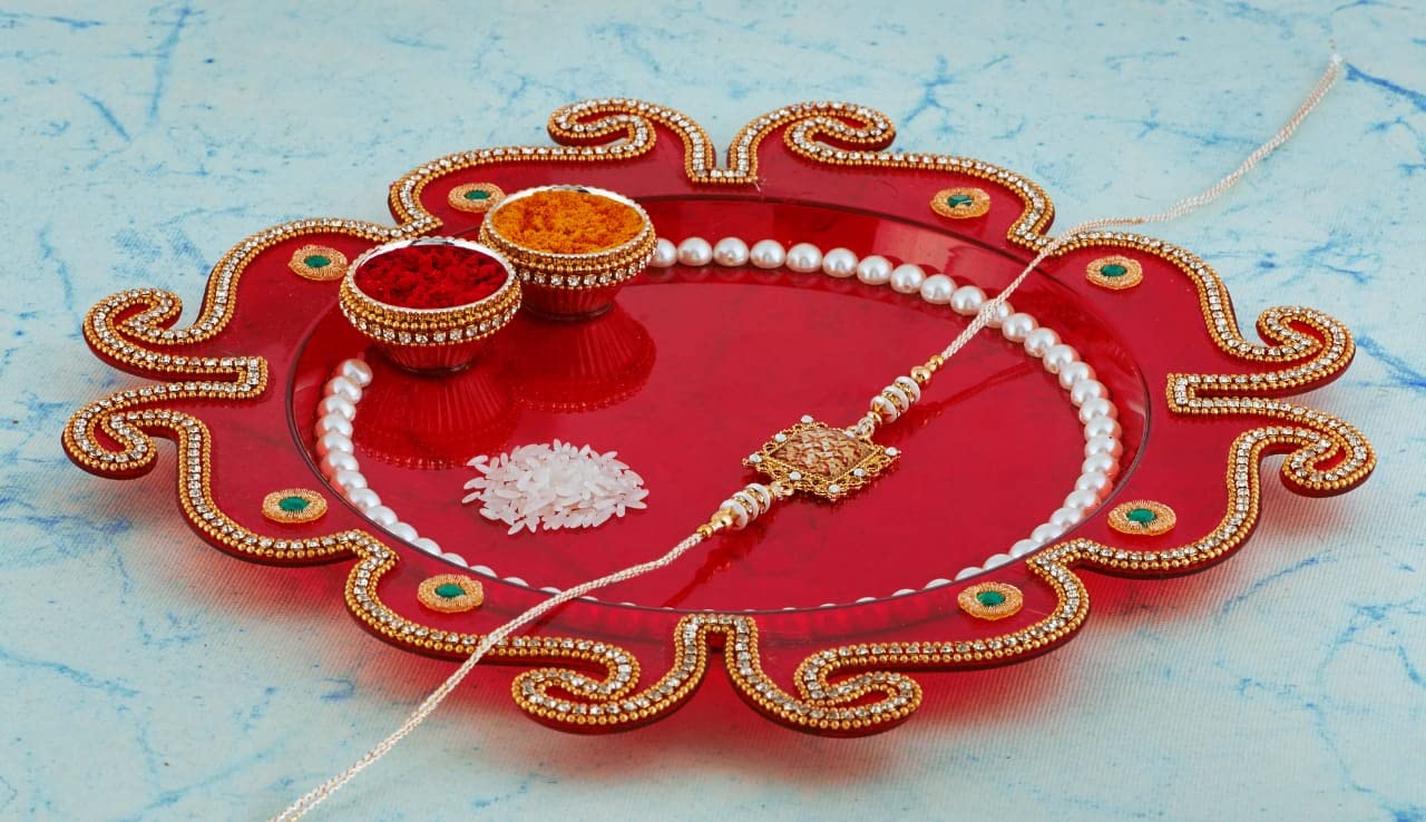 OAFISH Handicraft Storeroom Handmade Pooja Thali/Tilak Decorative Platter Set for Laxmi/Ganesh Pooja (Red Pooja thali), (019)