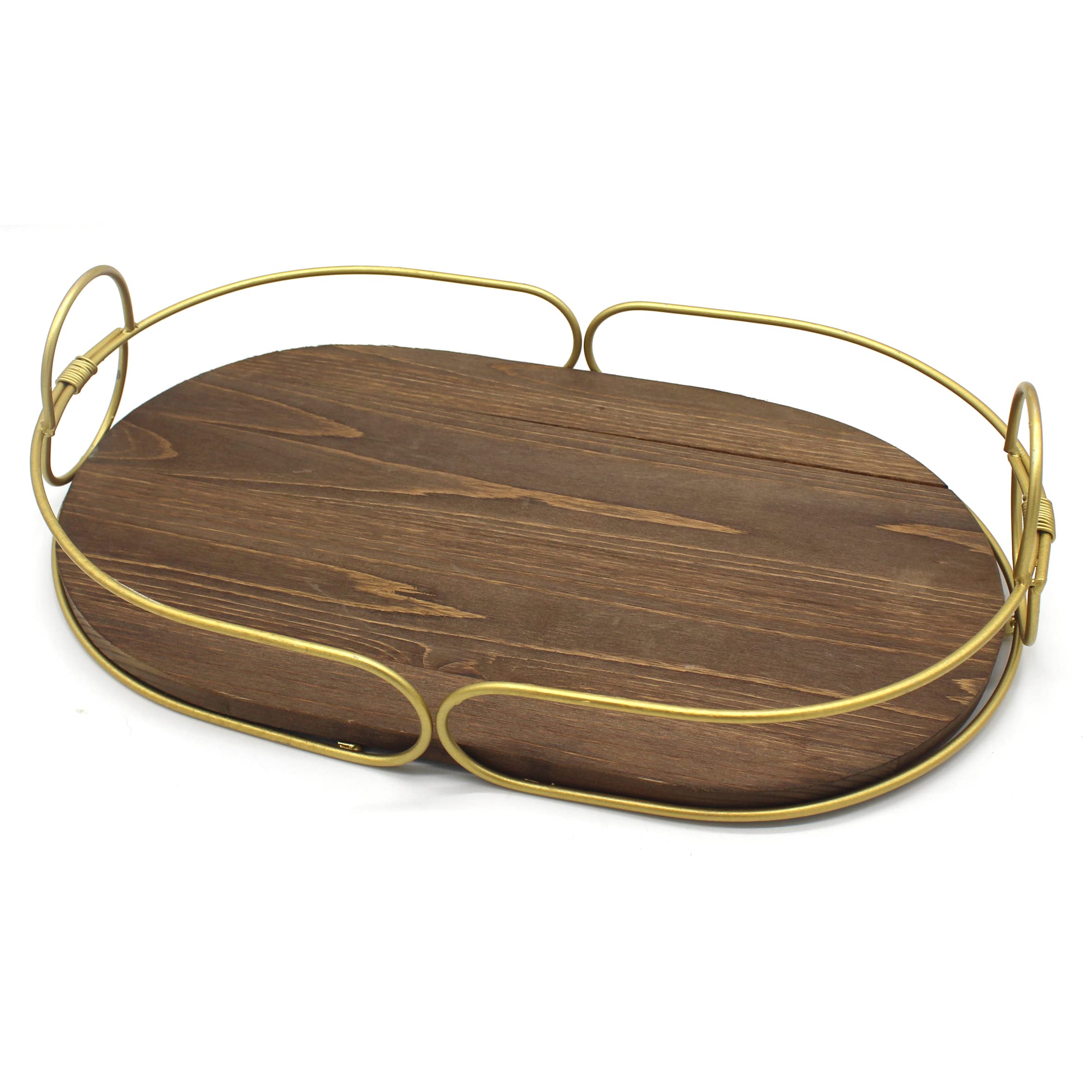 CVHOMEDECO. Decorative Tray with Golden Handle Oval Wood Serving Tray with Metal Handles for Breakfast in Bed, Lunch, Dinner, Appetizers, Kitchen, Ottoman, Coffee Table, BBQ and Party