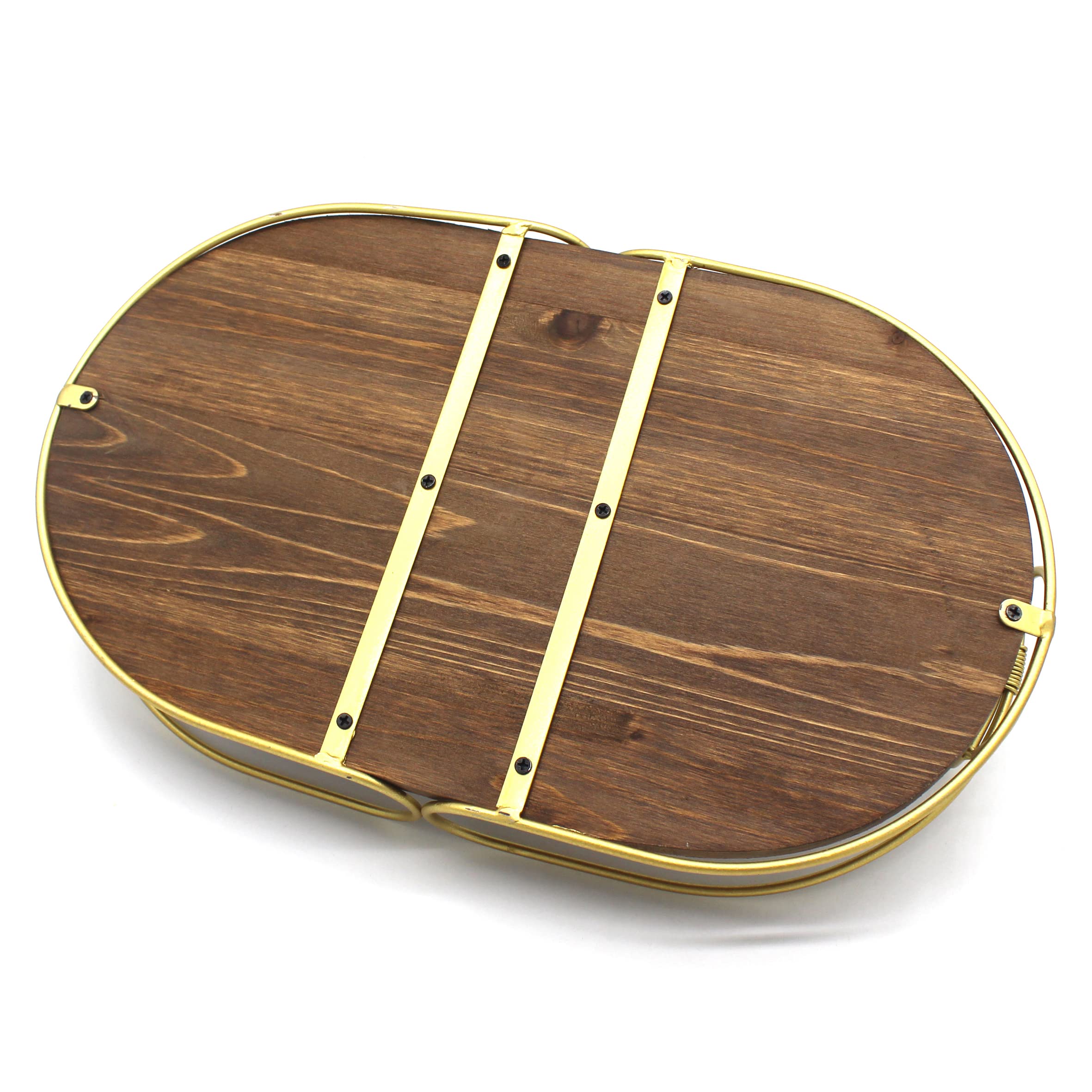 CVHOMEDECO. Decorative Tray with Golden Handle Oval Wood Serving Tray with Metal Handles for Breakfast in Bed, Lunch, Dinner, Appetizers, Kitchen, Ottoman, Coffee Table, BBQ and Party