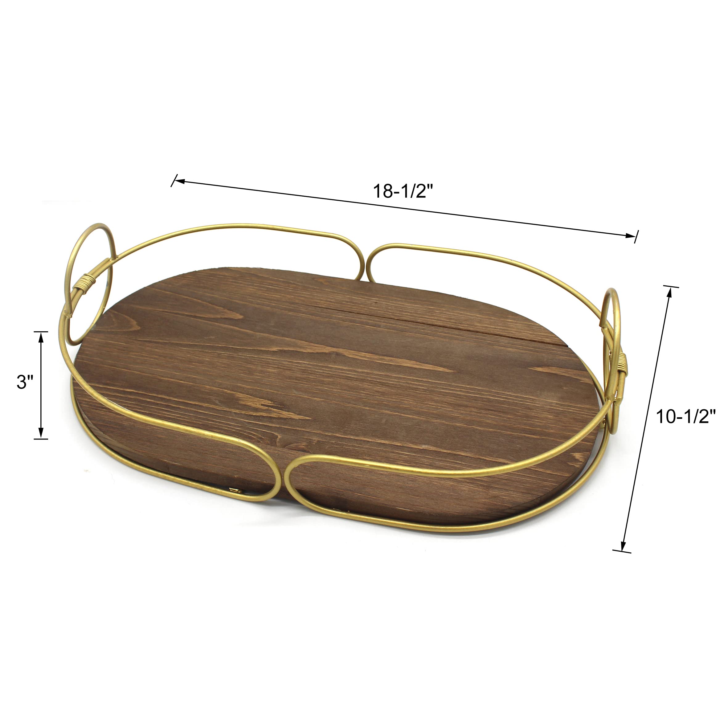 CVHOMEDECO. Decorative Tray with Golden Handle Oval Wood Serving Tray with Metal Handles for Breakfast in Bed, Lunch, Dinner, Appetizers, Kitchen, Ottoman, Coffee Table, BBQ and Party