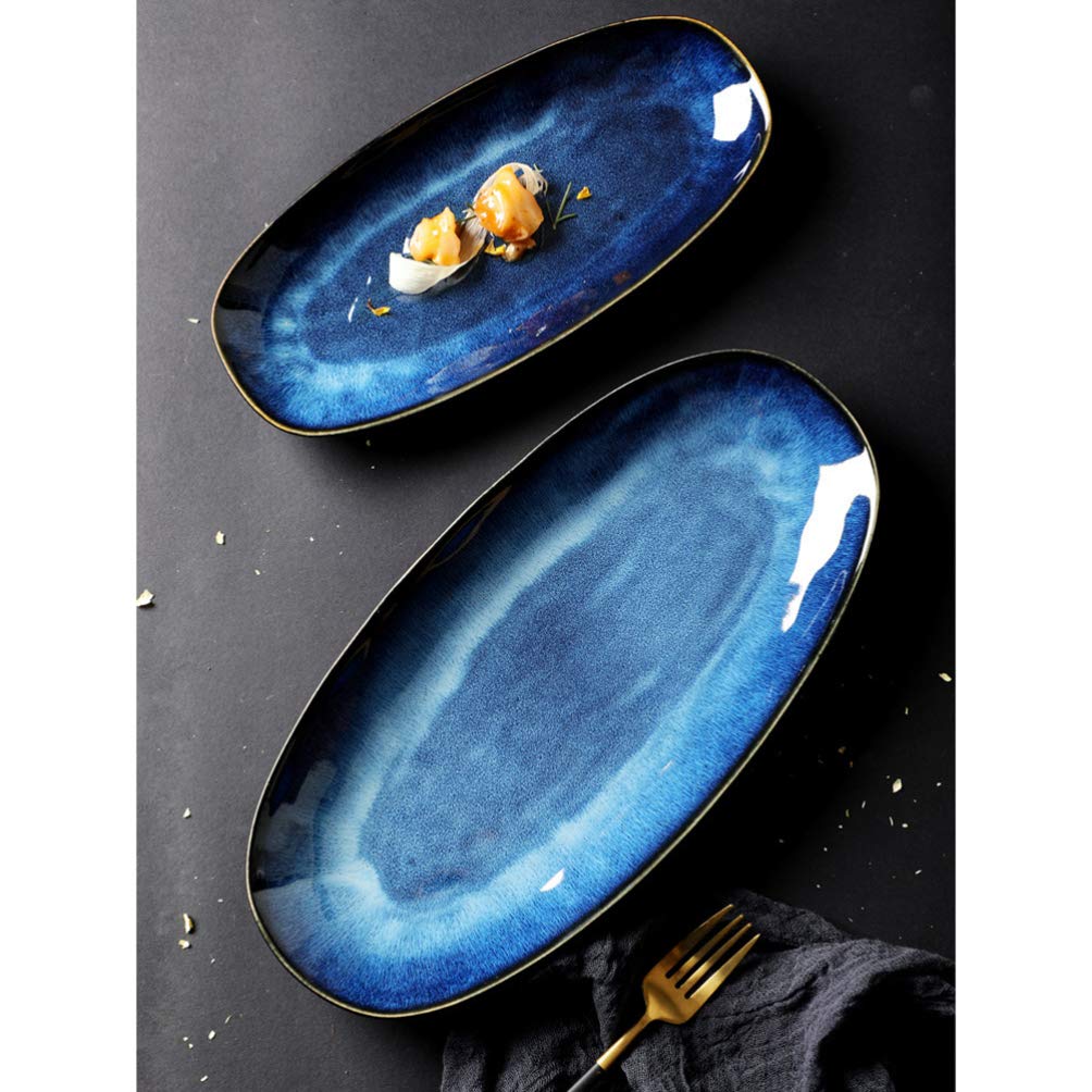 FRCOLOR Serving Platter Dishes Oval Serving Plates Sushi Platter Snack Storage Plattersushi Appetizer Plates Japanese Style Dinnerware (Blue Large Sizes)