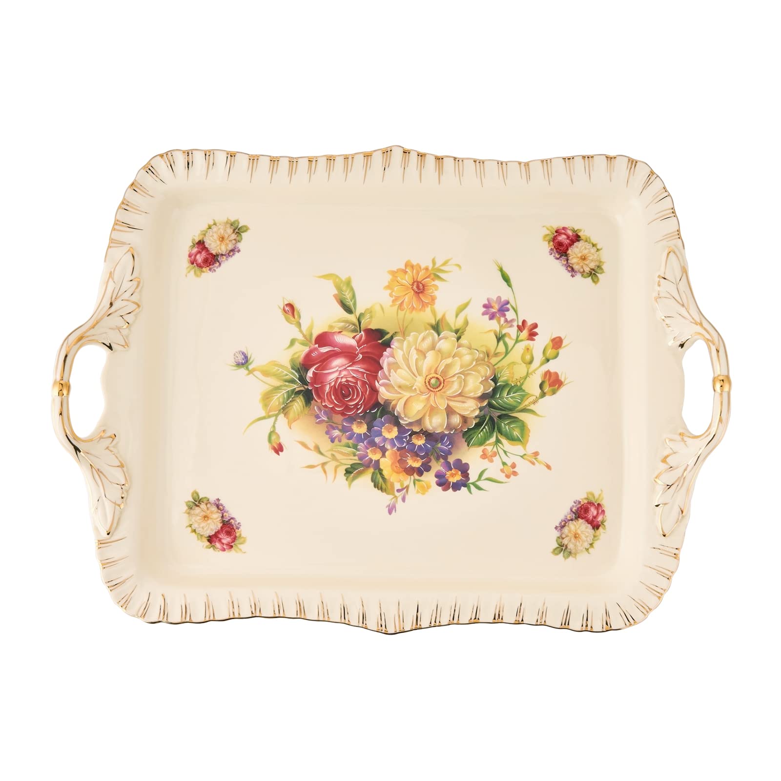 YOLIFE Ivory Serving Tray, Ceramic Floral and Gold Leaves Decorative Platter for Tea Party 15 X 11 inch (Flowering Shrubs)