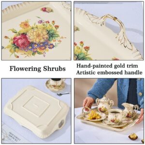 YOLIFE Ivory Serving Tray, Ceramic Floral and Gold Leaves Decorative Platter for Tea Party 15 X 11 inch (Flowering Shrubs)