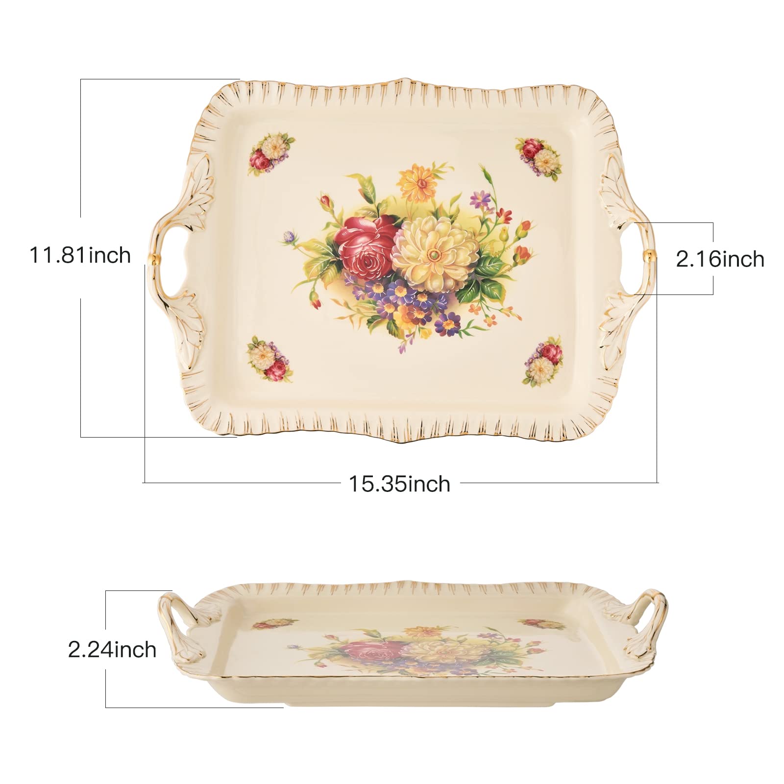 YOLIFE Ivory Serving Tray, Ceramic Floral and Gold Leaves Decorative Platter for Tea Party 15 X 11 inch (Flowering Shrubs)