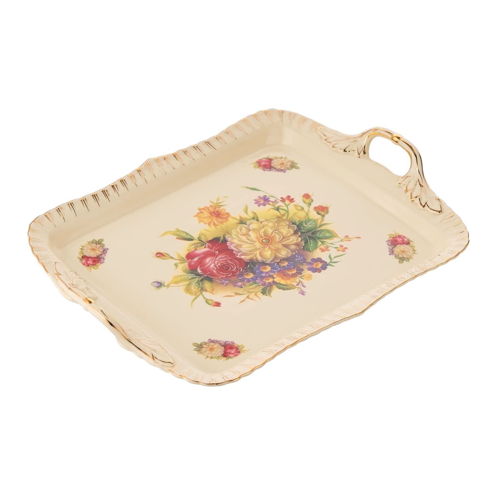 YOLIFE Ivory Serving Tray, Ceramic Floral and Gold Leaves Decorative Platter for Tea Party 15 X 11 inch (Flowering Shrubs)