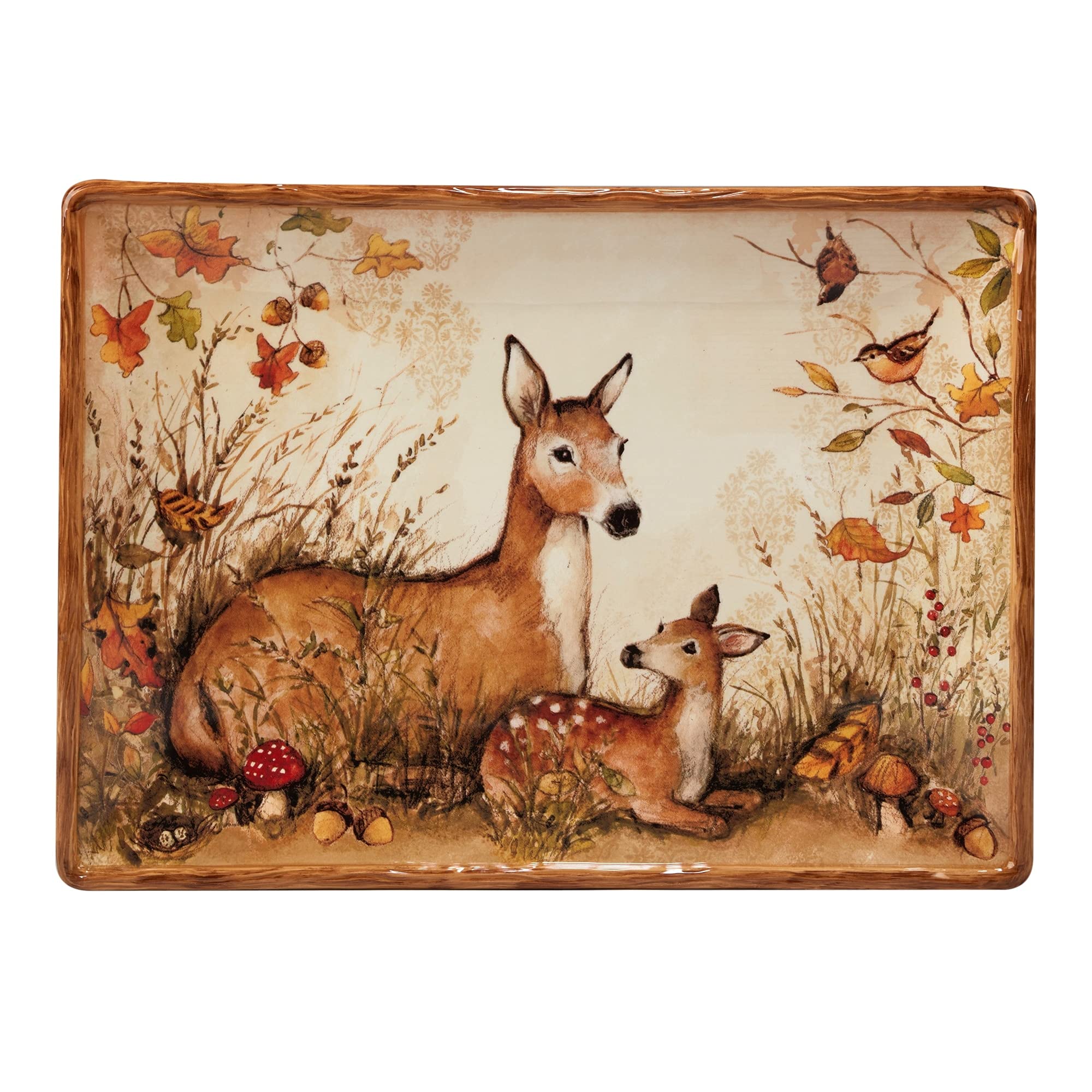 Unknown1 Pine Forest Rectangular Platter Beige Brown Multi Color Floral Country Farmhouse Rectangle Ceramic 1 Piece Dishwasher Safe