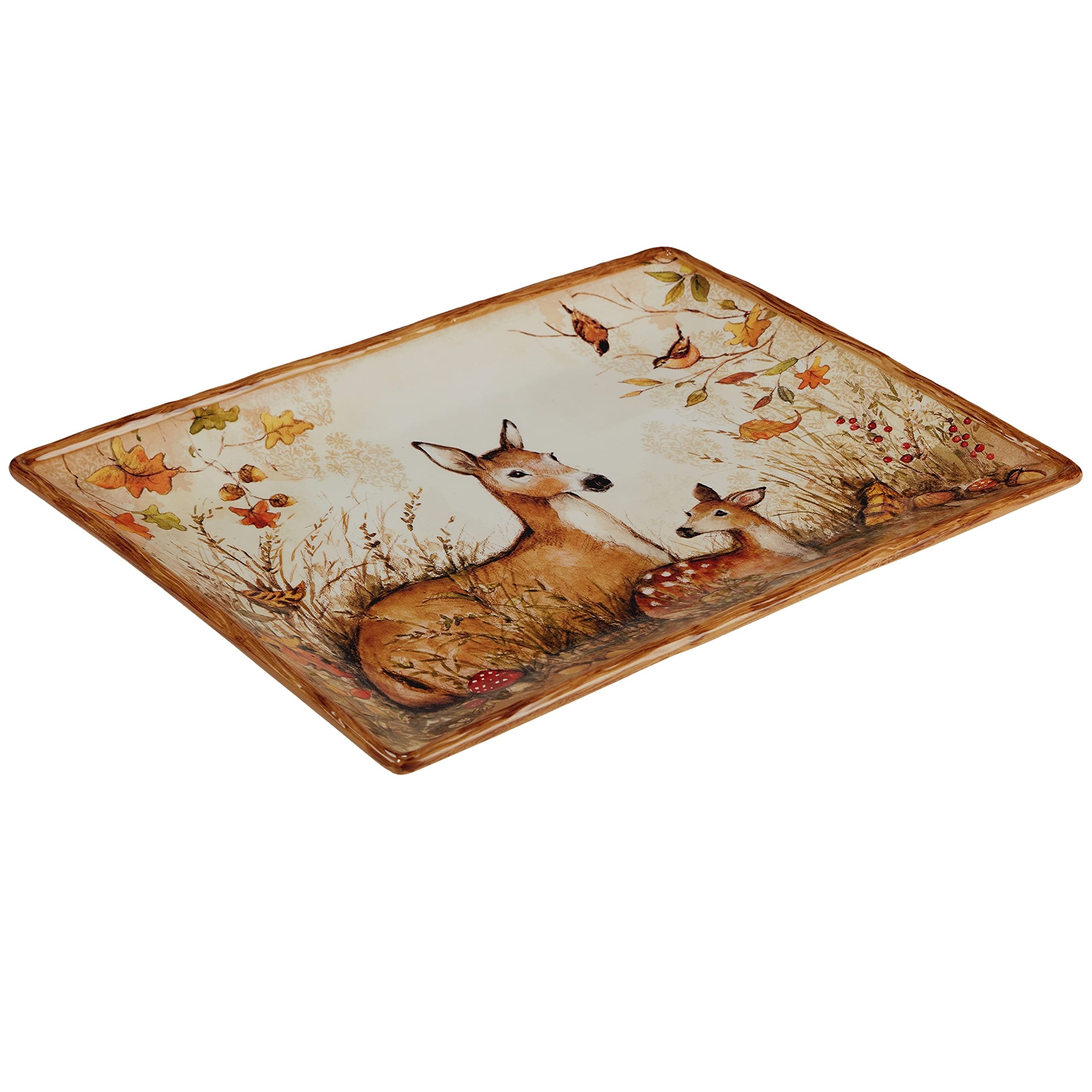 Unknown1 Pine Forest Rectangular Platter Beige Brown Multi Color Floral Country Farmhouse Rectangle Ceramic 1 Piece Dishwasher Safe