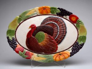 fine ceramic thanksgiving harvest turkey with pumpkin, corn, grapes, apple & pear designs platter, 12-3/4" * 18"