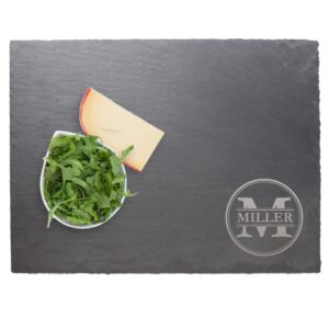 personalized slate serving tray cheese board with soapstone - housewarming, wedding for couples - custom engraved (name and initial style)
