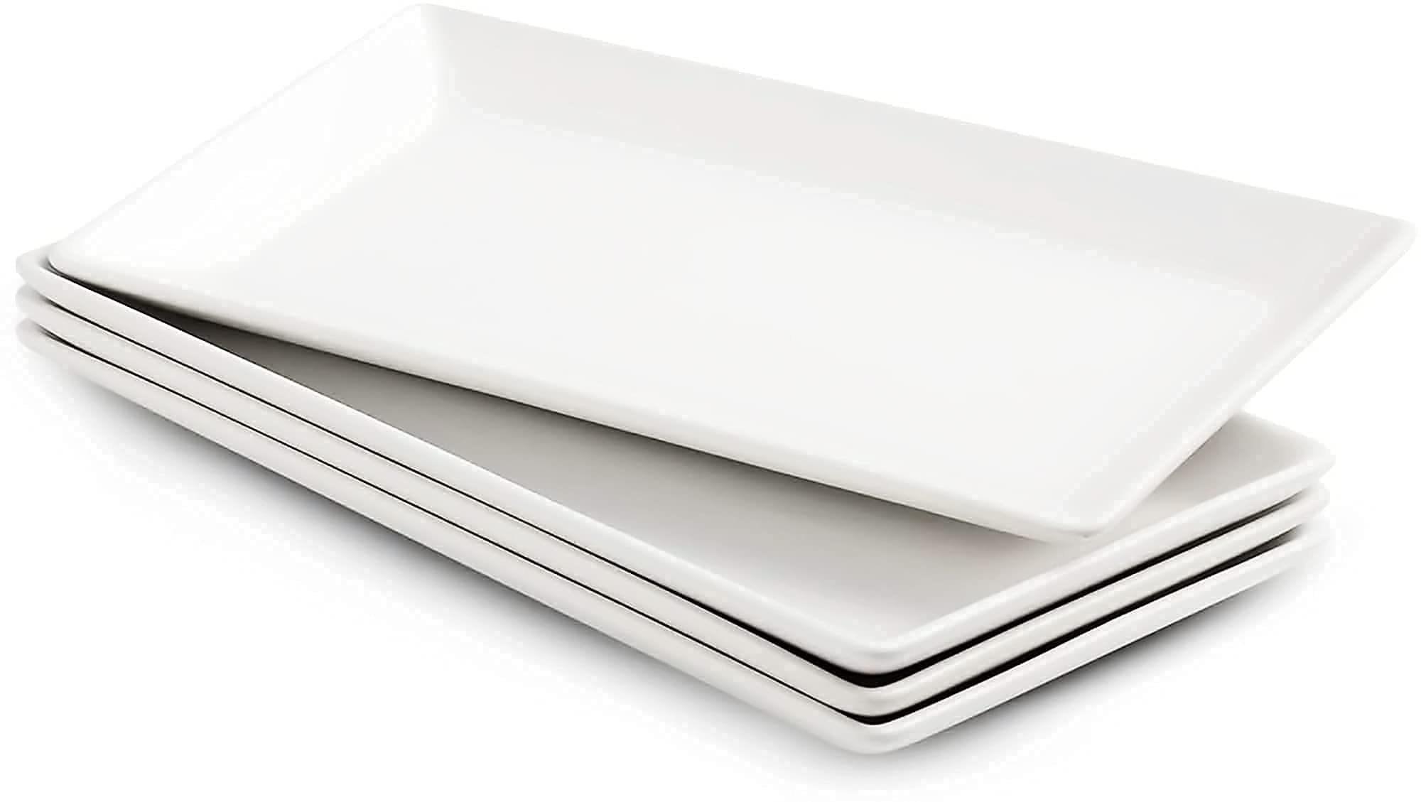 Porcelain Serving Platter Rectangular Plate/Tray for Party, 14-Inch Large White Microwave and Dishwasher Safe Set of 4