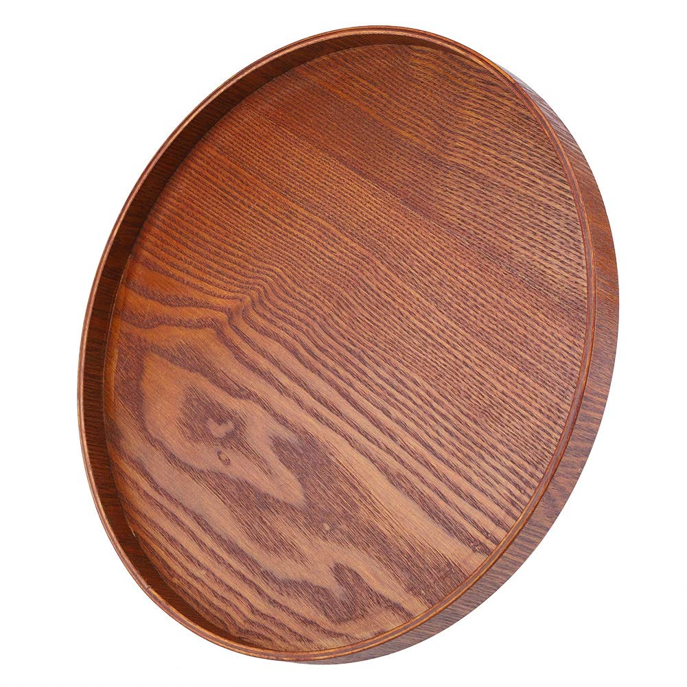 Round Wood Serving Tray Tea Coffee Snack Food Meals Serving Tray Anti Slip Brown Wooden Plate Dishes Water Drink Platter with Raised Edges(3030cm)