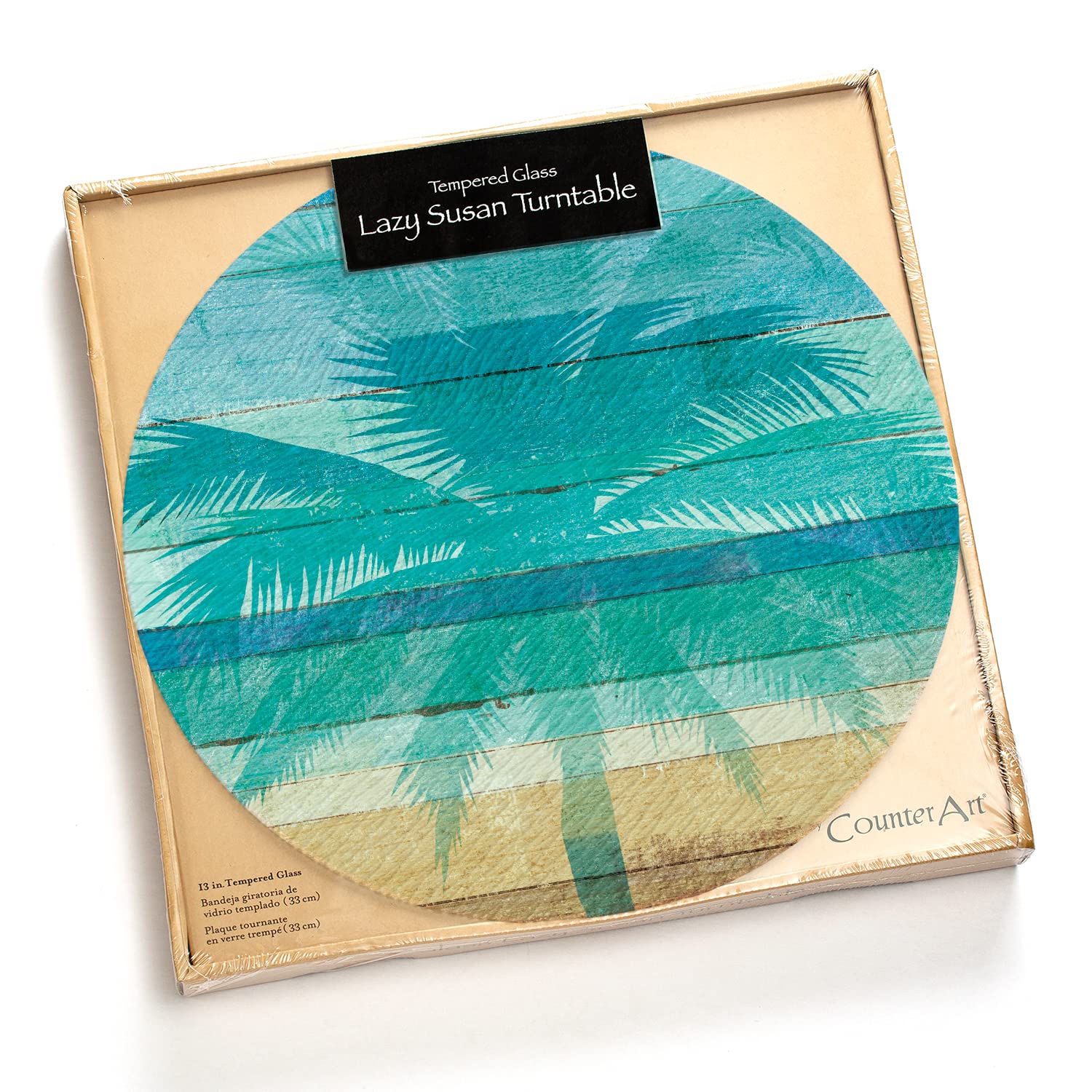 Counterart Beachscapes 4mm Heat Tolerant Tempered Glass Lazy Susan Turntable 13" Diameter Cake Plate Condiment Caddy Pizza Server