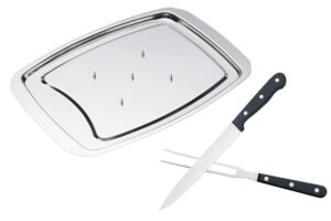 stainless steel spiked roast chicken carving dish tray, turkey meat serving, stainless steel carving knife fork set for meat turkey(carving tray knife fork)