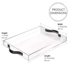 Elavain Acrylic Clear Serving Tray with Black Faux Leather Handles, Sturdy Perfume Organizer Tray, Large Tray for Ottoman Coffee Table, Countertop, Vanity, Kitchen & Living Room/ 15.75’’ x 11.8’’